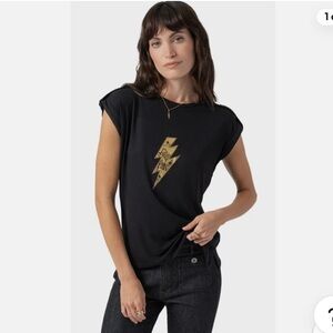 SAINT + SOFIA Black Rock N Roll Lightning Gold Bolt Tee Shirt Great Cond (4)